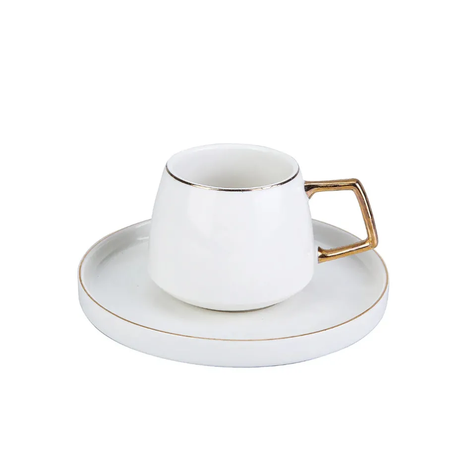 Karaca Teetassen Sets-Saturn 4-teiliges Porzellan-Teetassen- und Untertassen-Set für 2 Personen, 200 ml, Gold Weiß Weıß01