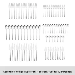 Karaca Bestecksets Für 12 Personen-Serena 84-teilige Edelstahlbesteckset für 12 Personen, Silber Sılver