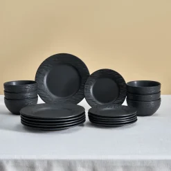 Karaca Tafelservice Für 6 Personen-Solem Embossed 18-teiliges Steinzeug-Tafelservice für 6 Personen, Schwarz Schwarz01