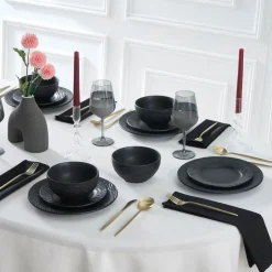 Karaca Tafelservice Für 6 Personen-Solem Embossed 18-teiliges Steinzeug-Tafelservice für 6 Personen, Schwarz Schwarz01