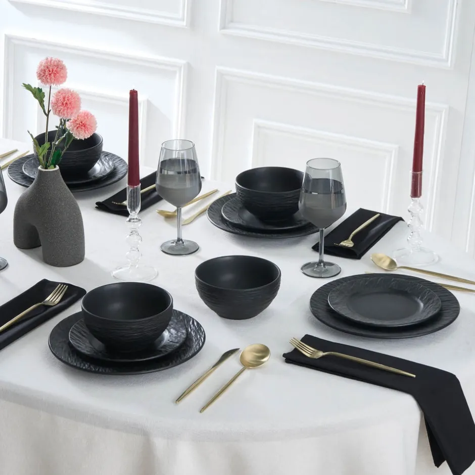 Karaca Tafelservice Für 6 Personen-Solem Embossed 18-teiliges Steinzeug-Tafelservice für 6 Personen, Schwarz Schwarz01