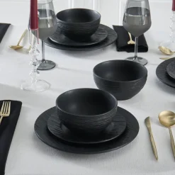 Karaca Tafelservice Für 6 Personen-Solem Embossed 18-teiliges Steinzeug-Tafelservice für 6 Personen, Schwarz Schwarz01