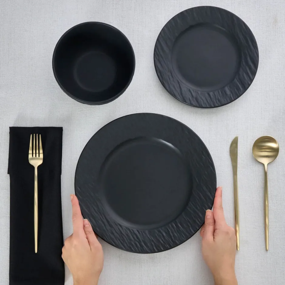 Karaca Tafelservice Für 6 Personen-Solem Embossed 18-teiliges Steinzeug-Tafelservice für 6 Personen, Schwarz Schwarz01