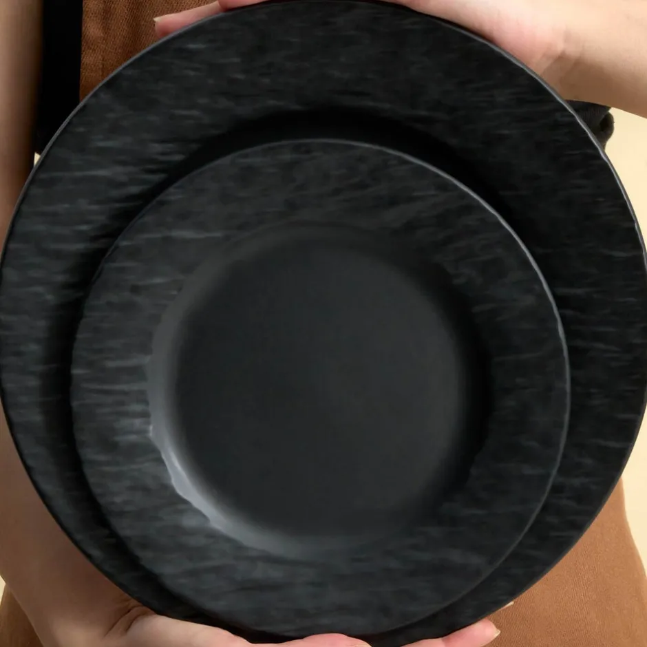 Karaca Tafelservice Für 6 Personen-Solem Embossed 18-teiliges Steinzeug-Tafelservice für 6 Personen, Schwarz Schwarz01