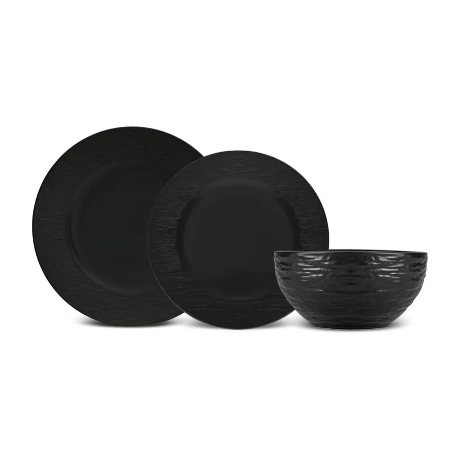 Karaca Tafelservice Für 6 Personen-Solem Embossed 18-teiliges Steinzeug-Tafelservice für 6 Personen, Schwarz Schwarz01