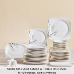 Karaca Tafelservice Für 12 Personen-Square Bone China Autumn 53-teiliges Tafelservice für 12 Personen, Weiß Mehrfarbig
