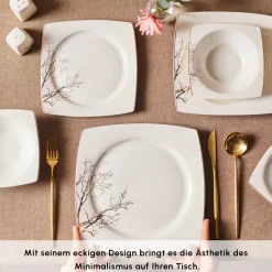 Karaca Tafelservice Für 12 Personen-Square Bone China Autumn 53-teiliges Tafelservice für 12 Personen, Weiß Mehrfarbig