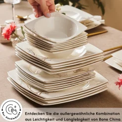 Karaca Tafelservice Für 12 Personen-Square Bone China Autumn 53-teiliges Tafelservice für 12 Personen, Weiß Mehrfarbig