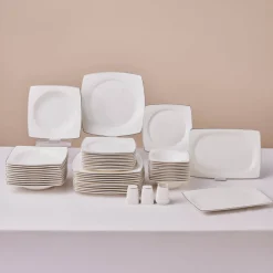 Karaca Tafelservice Für 12 Personen-Square Bone Jamie 53-teiliges Geschirrset für 12 Personen Platin Platın