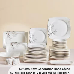 Karaca Tafelservice Für 12 Personen-Square Bone New Autumn 57-Teiliges 12-Personen Geschirrset Gold