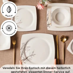 Karaca Tafelservice Für 12 Personen-Square Bone New Autumn 57-Teiliges 12-Personen Geschirrset Gold