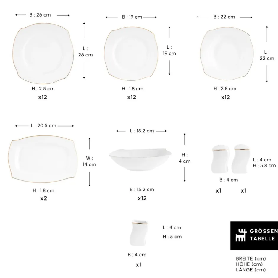 Karaca Tafelservice Für 12 Personen-Square Bone Wave 53-Teiliges 12-Personen Geschirrset Gold