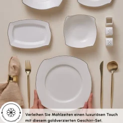 Karaca Tafelservice Für 12 Personen-Square Bone Wave 53-Teiliges 12-Personen Geschirrset Gold