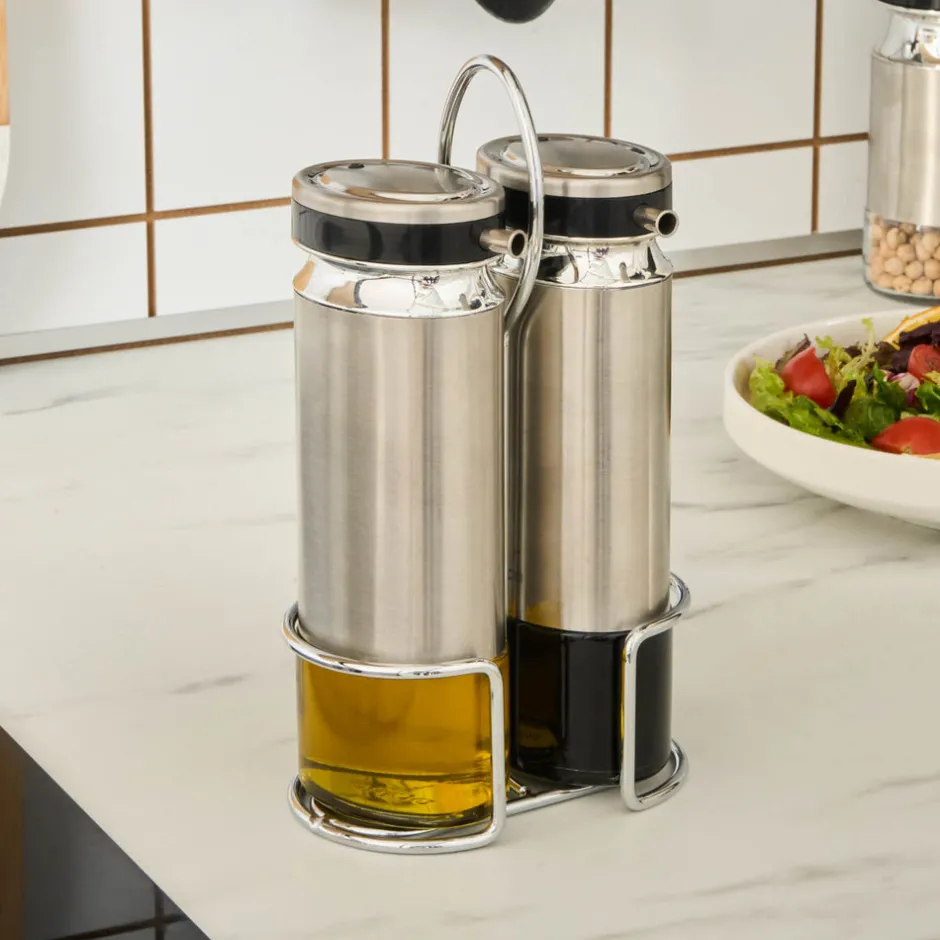 Karaca Gewurzset-Stellum, 3-teiliges Öl- und Essigflaschen-Set, Inox