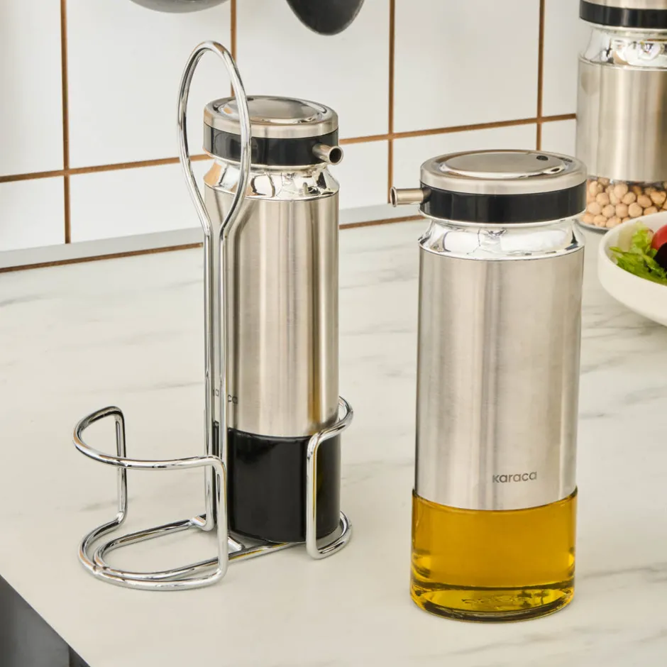 Karaca Gewurzset-Stellum, 3-teiliges Öl- und Essigflaschen-Set, Inox