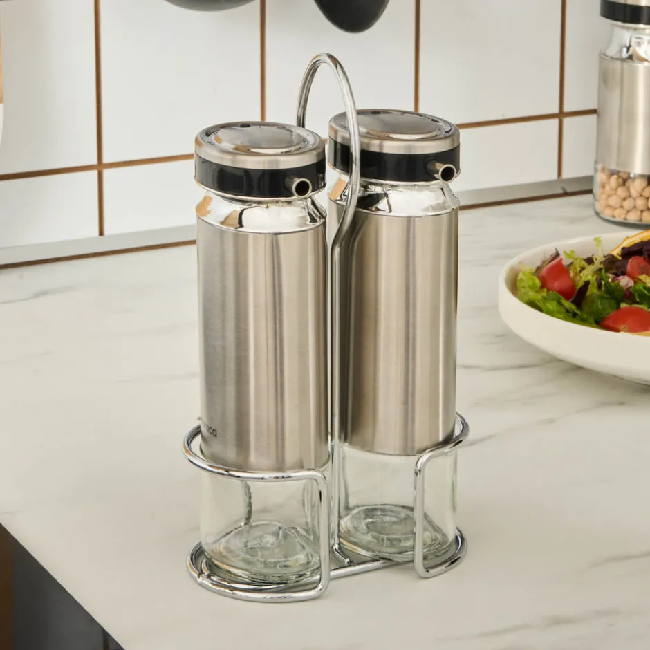 Karaca Gewurzset-Stellum, 3-teiliges Öl- und Essigflaschen-Set, Inox