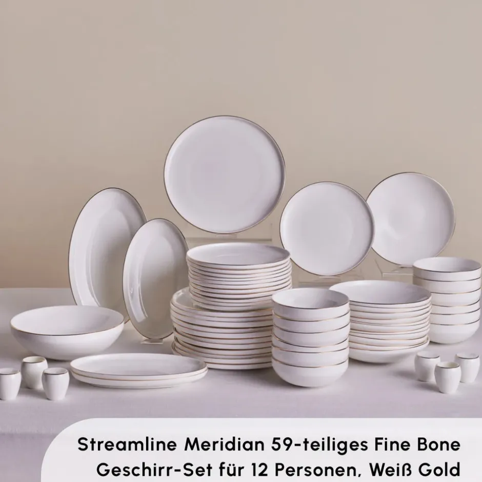 Karaca Tafelservice Für 12 Personen-Stream Bone New Meridian 59-Teiliges 12-Personen Geschirrset Gold