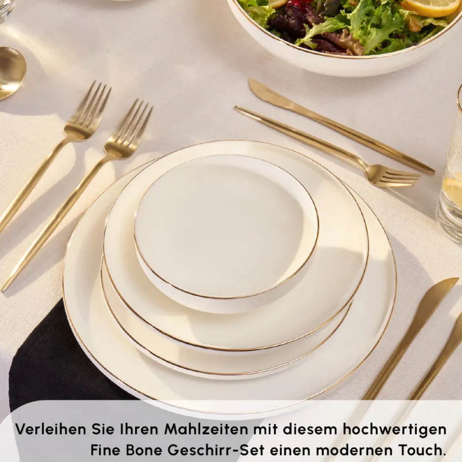Karaca Tafelservice Für 12 Personen-Stream Bone New Meridian 59-Teiliges 12-Personen Geschirrset Gold