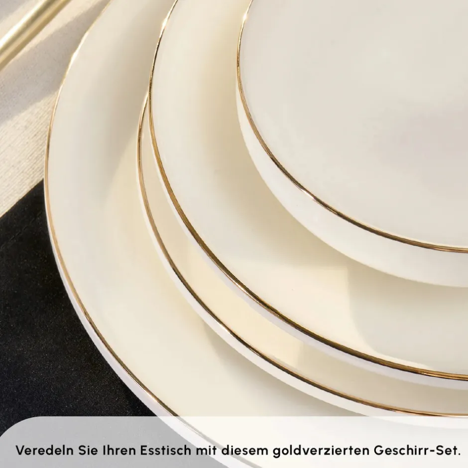 Karaca Tafelservice Für 12 Personen-Stream Bone New Meridian 59-Teiliges 12-Personen Geschirrset Gold