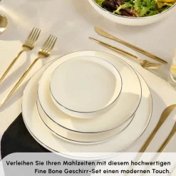 Karaca Tafelservice Für 12 Personen-Stream Bone New Meridian 59-Teiliges 12-Personen Geschirrset Platin Platın