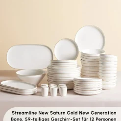 Karaca Tafelservice Für 12 Personen-Stream Bone New Saturn 59-Teiliges 12-Personen Geschirrset Gold