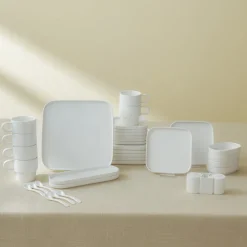 Karaca Frühstücksset Für 6 Personen|Frühstücksgeschirr-Stream Pure Cubique 35-Teiliges 6-Personen Frühstücksset Quadrat Weıß01