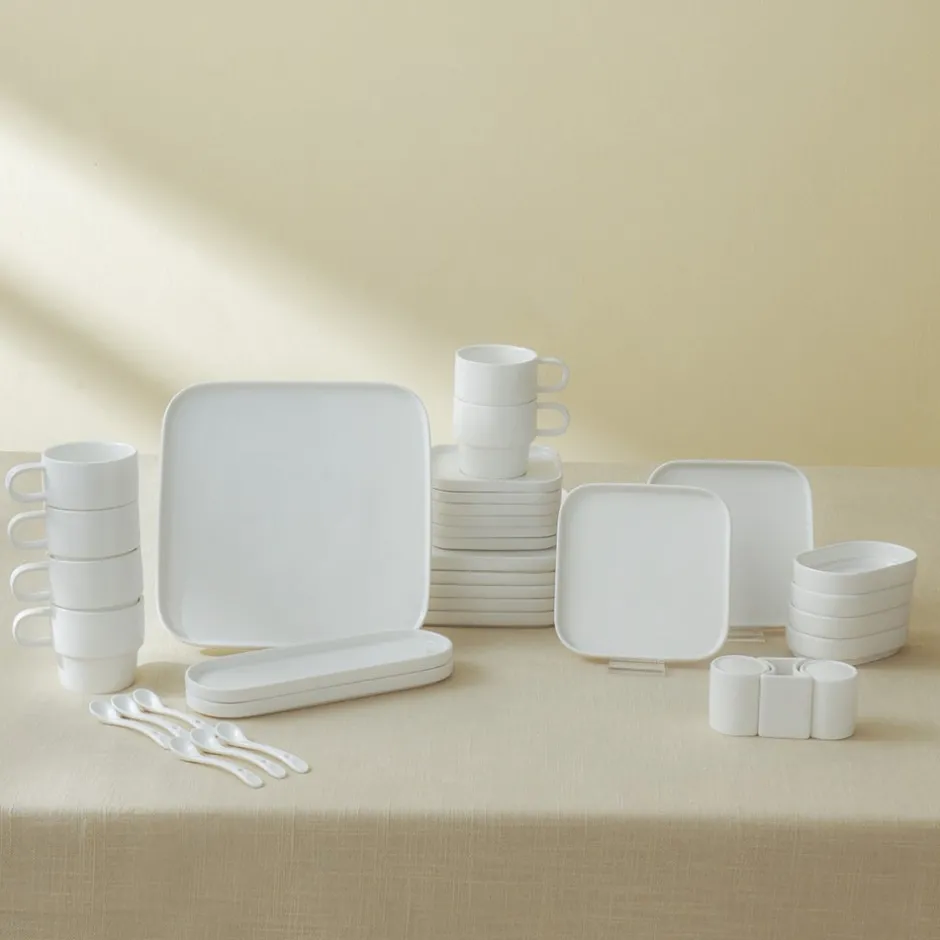 Karaca Frühstücksset Für 6 Personen|Frühstücksgeschirr-Stream Pure Cubique 35-Teiliges 6-Personen Frühstücksset Quadrat Weıß01