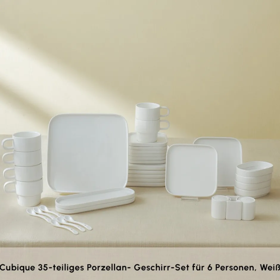Karaca Frühstücksset Für 6 Personen|Frühstücksgeschirr-Stream Pure Cubique 35-Teiliges 6-Personen Frühstücksset Quadrat Weıß01