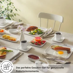 Karaca Frühstücksset Für 6 Personen|Frühstücksgeschirr-Stream Pure Cubique 35-Teiliges 6-Personen Frühstücksset Quadrat Weıß01