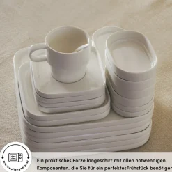 Karaca Frühstücksset Für 6 Personen|Frühstücksgeschirr-Stream Pure Cubique 35-Teiliges 6-Personen Frühstücksset Quadrat Weıß01