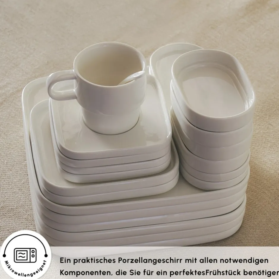 Karaca Frühstücksset Für 6 Personen|Frühstücksgeschirr-Stream Pure Cubique 35-Teiliges 6-Personen Frühstücksset Quadrat Weıß01