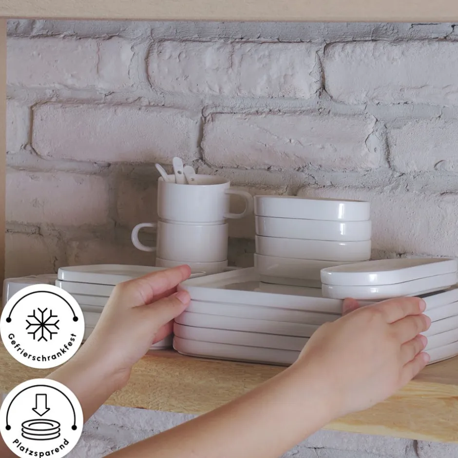 Karaca Frühstücksset Für 6 Personen|Frühstücksgeschirr-Stream Pure Cubique 35-Teiliges 6-Personen Frühstücksset Quadrat Weıß01