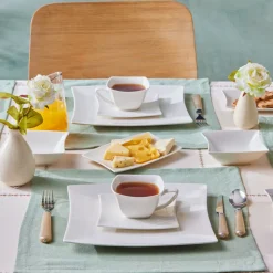 Karaca Frühstücksgeschirr|Frühstücksset Für 6 Personen-Stream Pure Perfect Weiß 32-Teiliges 6-Personen Frühstücksset Quadrat Weıß01