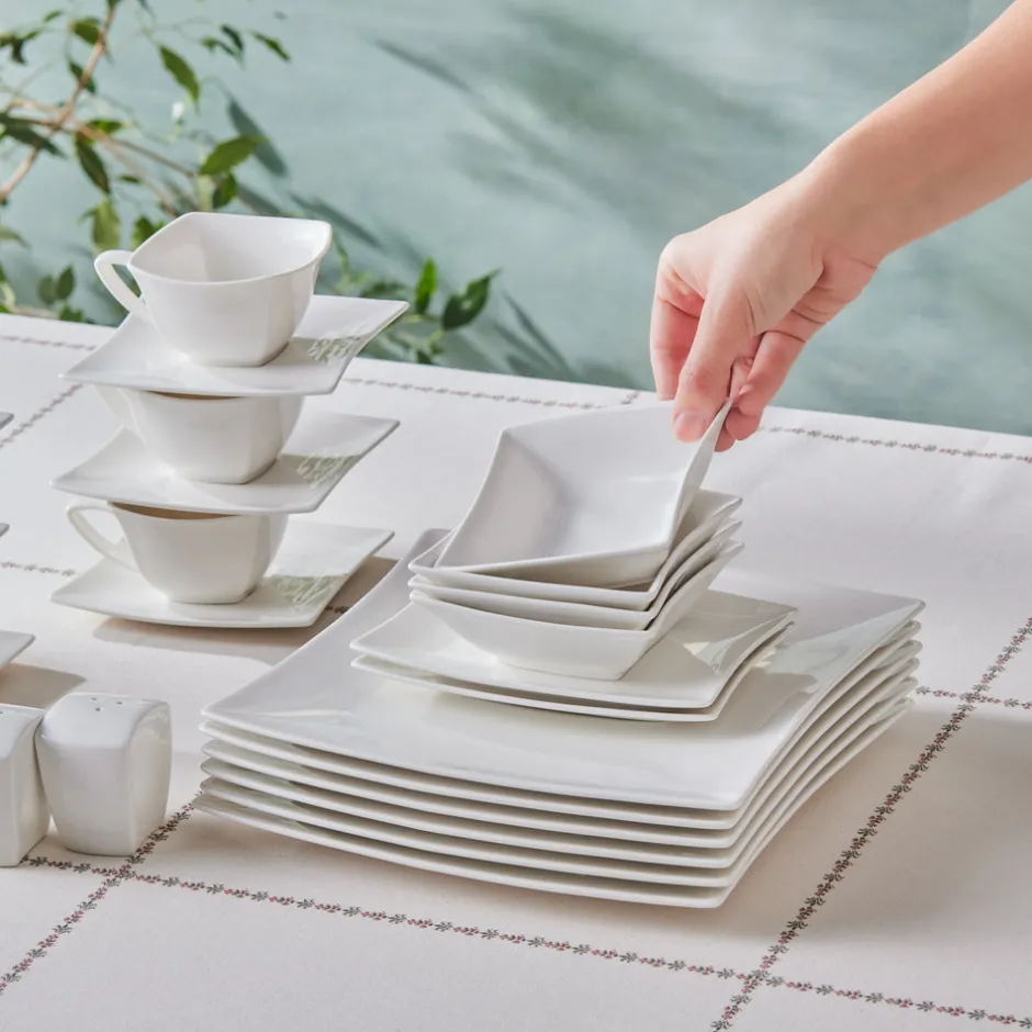 Karaca Frühstücksgeschirr|Frühstücksset Für 6 Personen-Stream Pure Perfect Weiß 32-Teiliges 6-Personen Frühstücksset Quadrat Weıß01
