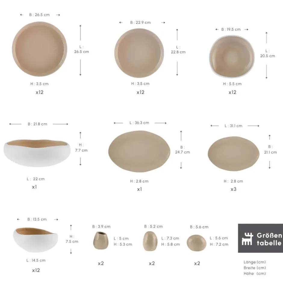 Karaca Tafelservice Für 12 Personen-Streamline Cupid für 12 Personen Geschirr Set, 59 Teilig, Stoneware Creme01