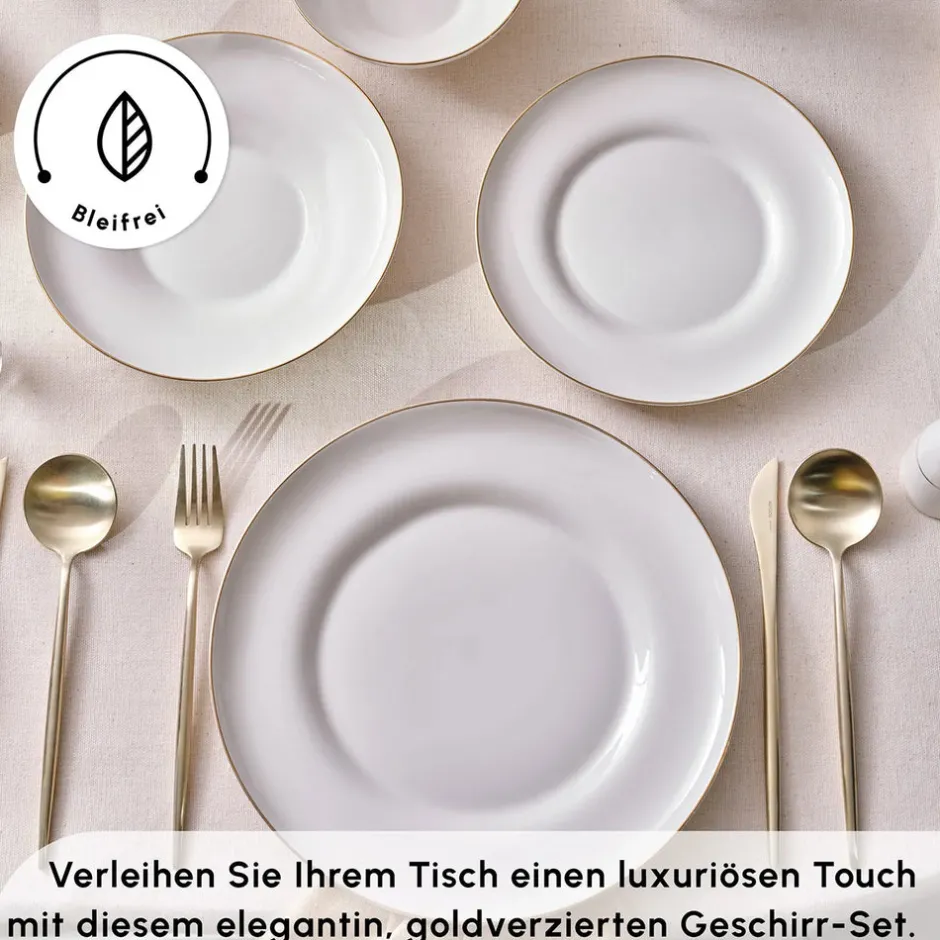 Karaca Tafelservice Für 12 Personen-Streamline Nefeli Gold 12 Personen Geschirrset, 56 Teilig Gold Weıß