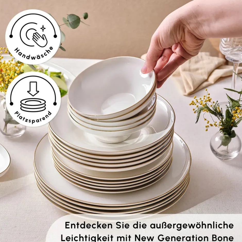 Karaca Tafelservice Für 12 Personen-Streamline Nefeli Gold 12 Personen Geschirrset, 56 Teilig Gold Weıß
