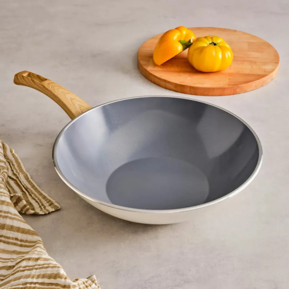 Karaca Wokpfanne|Keramikpfanne-Swiss Crystal 28 Cm Induktion Wok-Pfanne, Creme Creme01