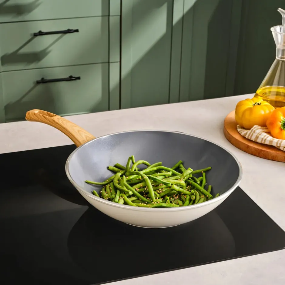 Karaca Wokpfanne|Keramikpfanne-Swiss Crystal 28 Cm Induktion Wok-Pfanne, Creme Creme01