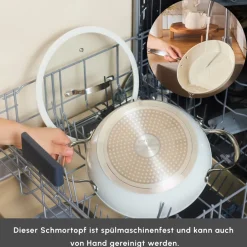 Karaca Swiss Crystal Produkte|Wokpfanne-Swiss Crystal Almond Cream Wokpfanne mit Griff 28 cm Creme01