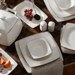 Karaca Tafelservice Für 12 Personen-Talia Cream 60-teiliges Tafelservice für 12 Personen Platin Eckig Platın