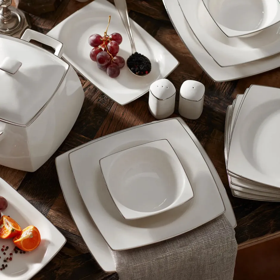 Karaca Tafelservice Für 12 Personen-Talia Cream 60-teiliges Tafelservice für 12 Personen Platin Eckig Platın