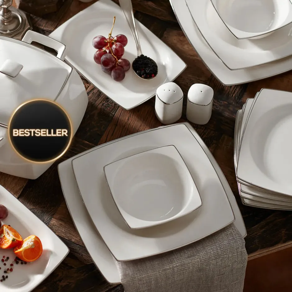 Karaca Tafelservice Für 12 Personen-Talia Cream 60-teiliges Tafelservice für 12 Personen Platin Eckig Platın