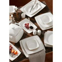 Karaca Tafelservice Für 12 Personen-Talia Cream 60-teiliges Tafelservice für 12 Personen Platin Eckig Platın