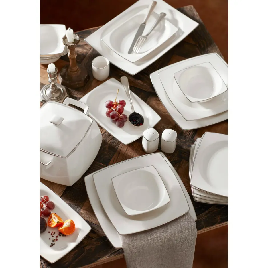 Karaca Tafelservice Für 12 Personen-Talia Cream 60-teiliges Tafelservice für 12 Personen Platin Eckig Platın