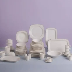 Karaca Tafelservice Für 12 Personen-Timeless Gold Square Geschirr-Set für 12 Personen, 84-teilig Weıß01