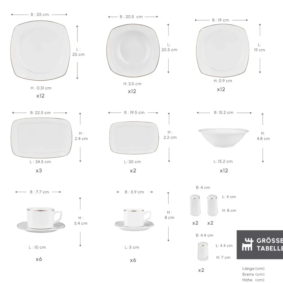Karaca Tafelservice Für 12 Personen-Timeless Gold Square Geschirr-Set für 12 Personen, 84-teilig Weıß01