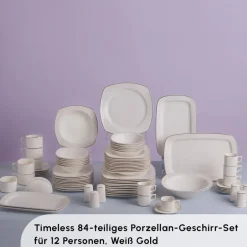 Karaca Tafelservice Für 12 Personen-Timeless Gold Square Geschirr-Set für 12 Personen, 84-teilig Weıß01
