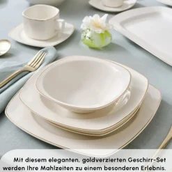 Karaca Tafelservice Für 12 Personen-Timeless Gold Square Geschirr-Set für 12 Personen, 84-teilig Weıß01