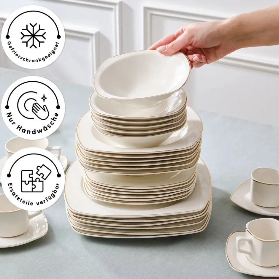 Karaca Tafelservice Für 12 Personen-Timeless Gold Square Geschirr-Set für 12 Personen, 84-teilig Weıß01